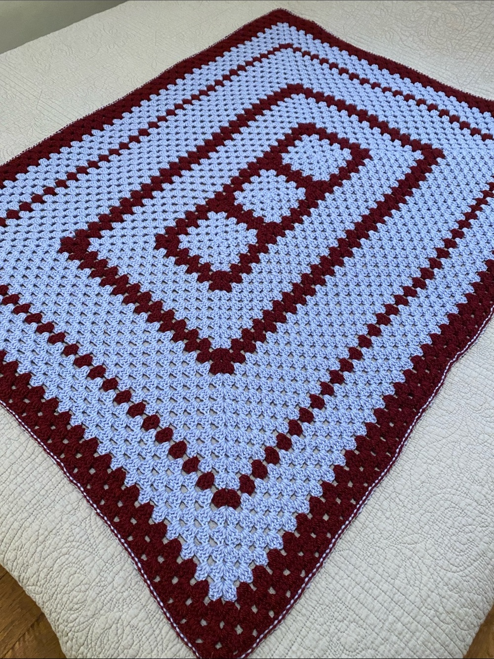Handmade Vintage Crochet Blanket, Afghan in Light Blue and Wine Red 36x50